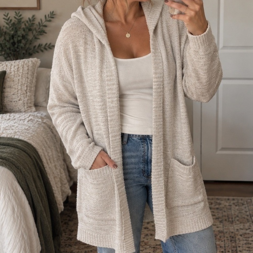American Eagle Open Front Cardigan Women S Oatmeal Textured Knit Cozy Minimalist